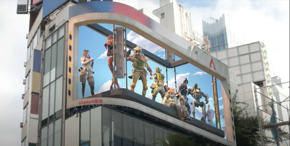 Apex Legends – triển khai thực hiện quảng cáo 3D tại “Cross Shinjuku Vision” để kỷ niệm 4 năm thành lập.  Các anh hùng huyền thoại xuất hiện tại Shinjuku dưới dạng 3D!